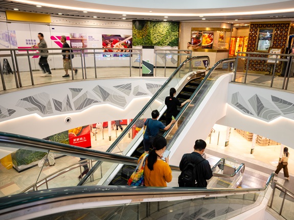 Stone textures, contour patterns and other themed design details are now featured throughout the revamped Yat Tung Shopping Centre.