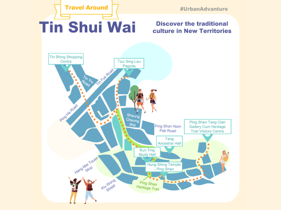 Tin Shui Wai map guides you to Link’s Tin Shing Shopping Centre, Tsui Sing Lau Pagoda, Kun Ting Study Hall, Hung Shing Temple and Ping Shan Tang Clan Gallery 