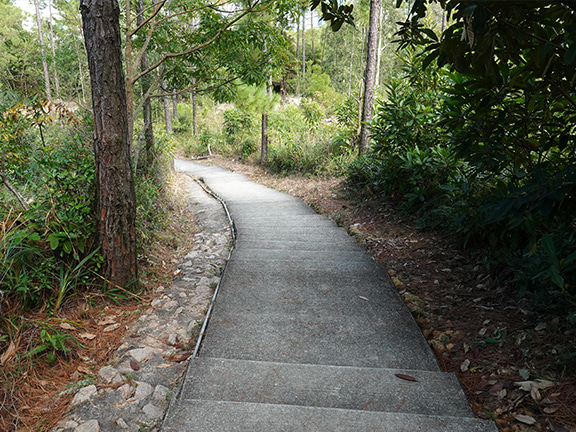 从原路下山，在第一个分岔路转左，从石台阶下至水泉澳街。