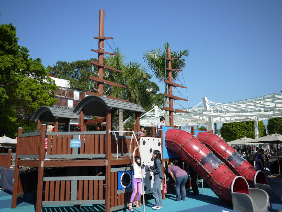 The pirate ship-themed playground in Stanley Plaza is a favourite spot among children.
