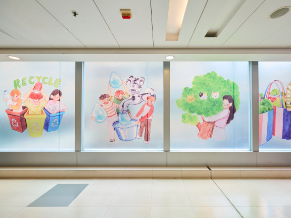 在艺术廊的水彩画鼓励市民把废弃物分类。