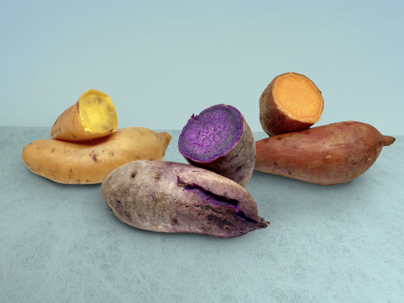Differently coloured sweet potatoes offer a range of flavours and nutritional benefits.